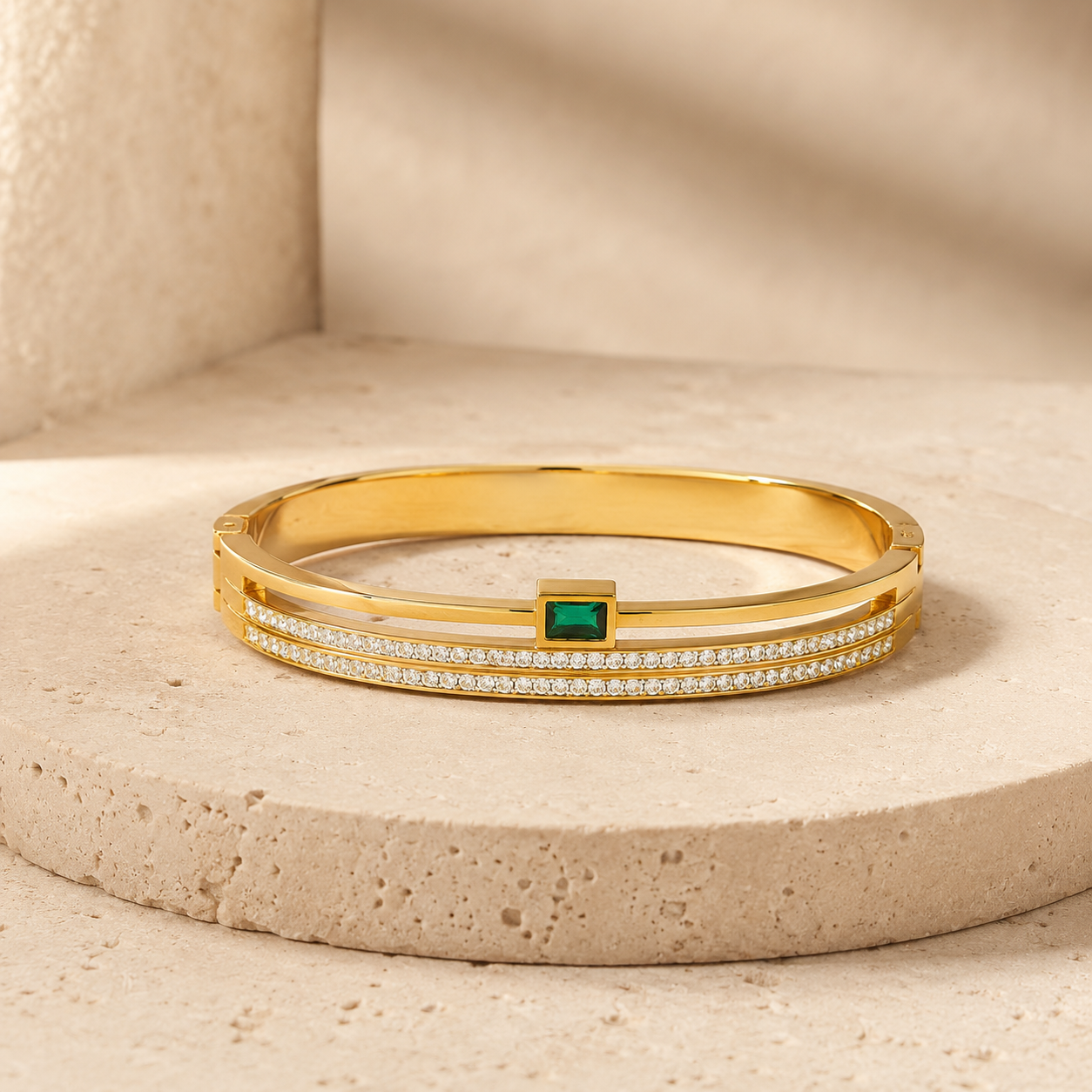 Double Crystal Line Emerald Stone Gold Bangle Bracelet