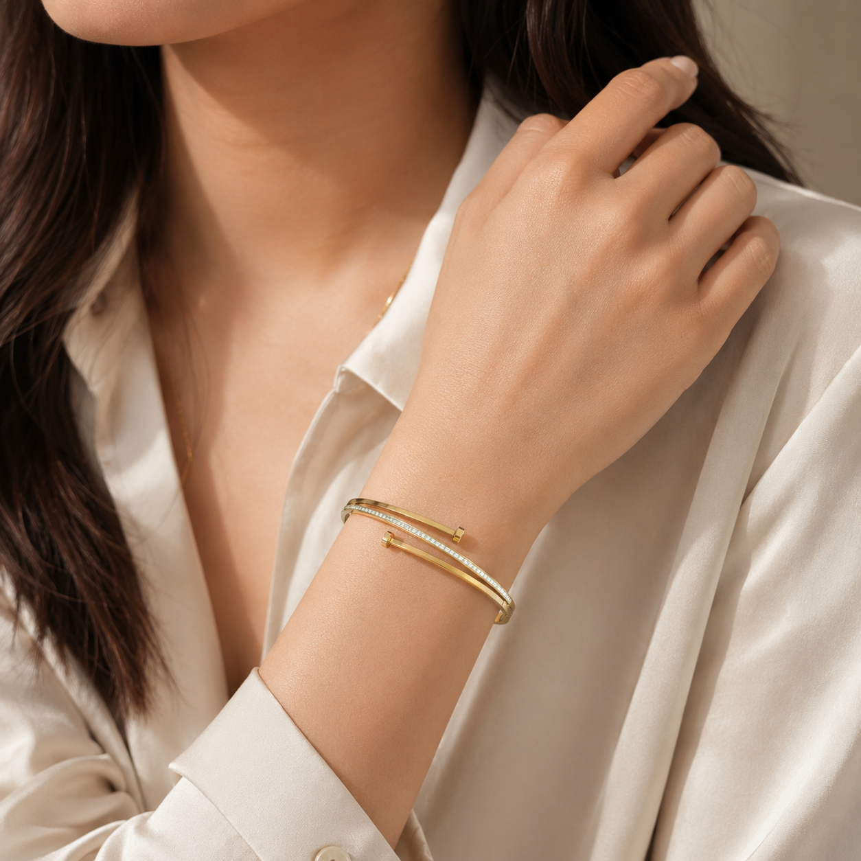 Gold Crystal Bar Open Cuff Bangle Bracelet