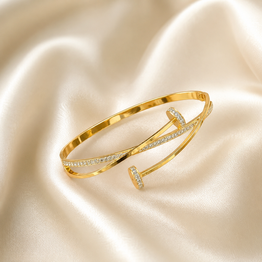 Gold Twisted Crystal Nail Head Open Cuff Bracelet