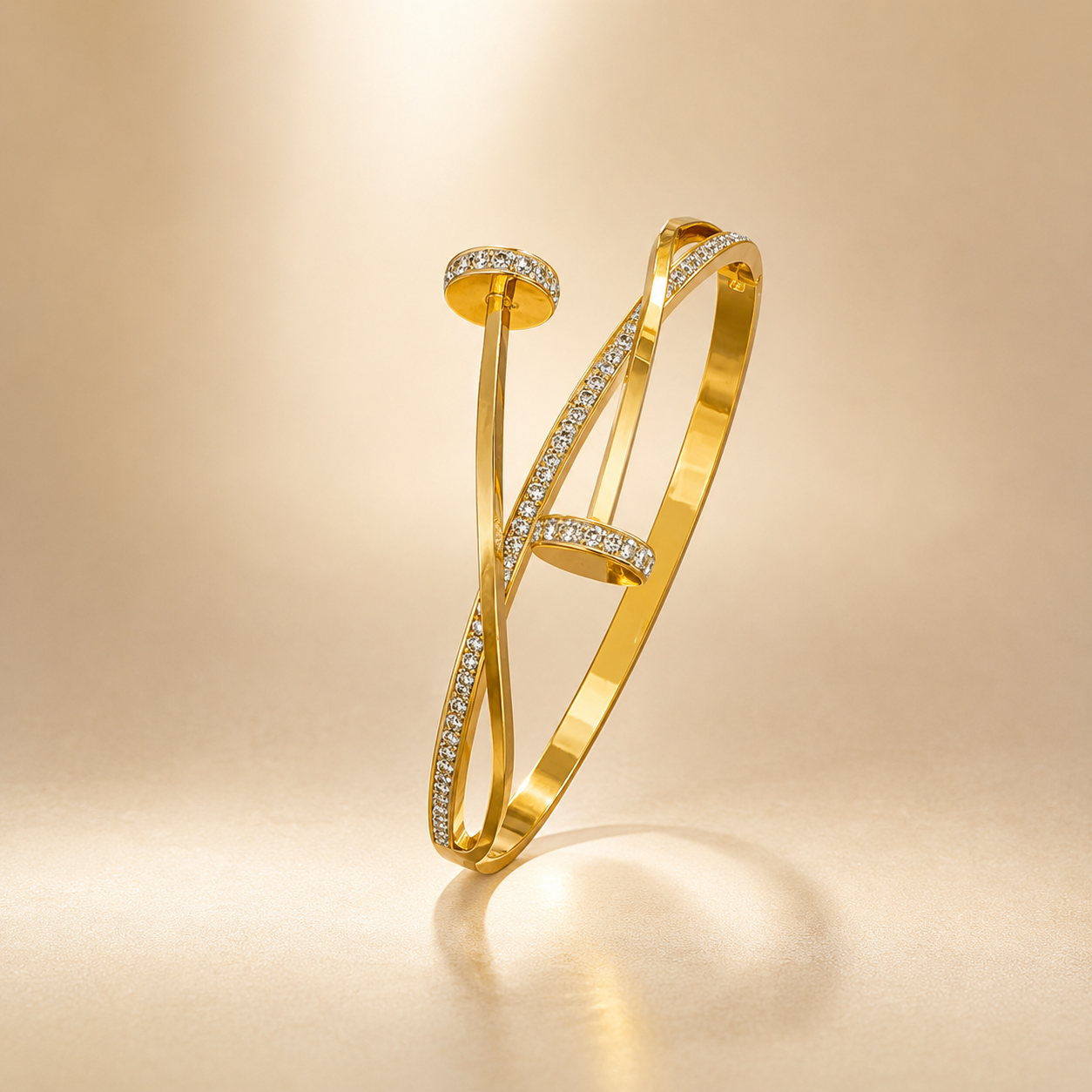 Gold Twisted Crystal Nail Head Open Cuff Bracelet