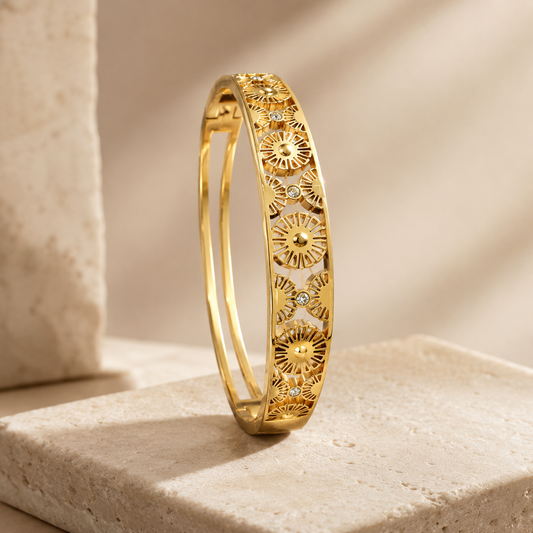 Gold Daisy Floral Motif Crystal Accent Bangle Bracelet