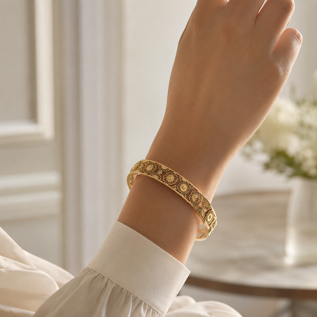 Gold Daisy Floral Motif Crystal Accent Bangle Bracelet