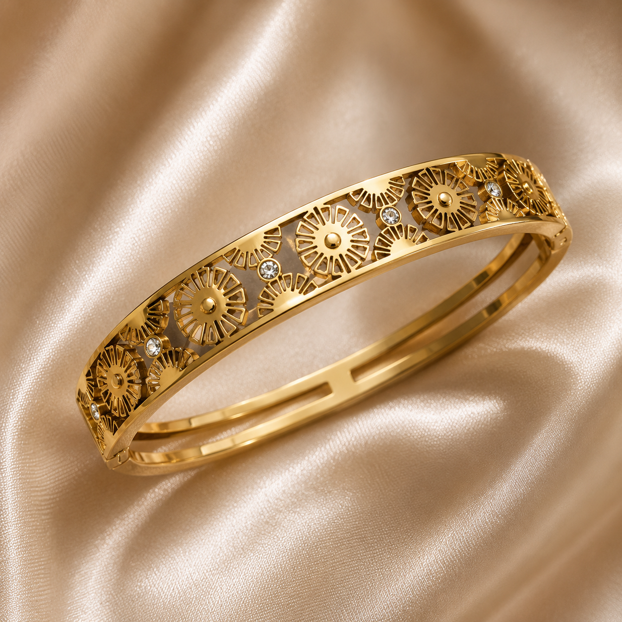 Gold Daisy Floral Motif Crystal Accent Bangle Bracelet