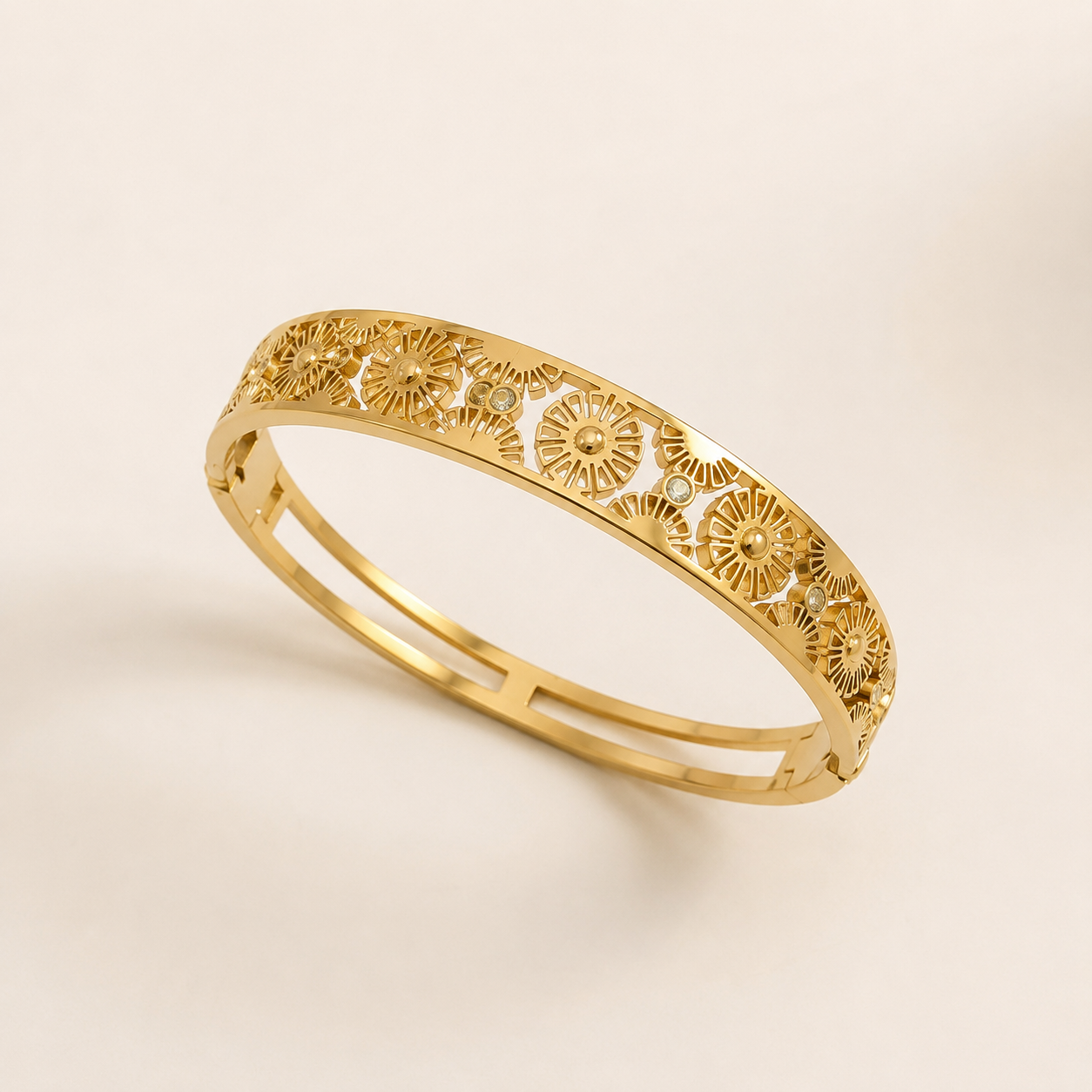 Gold Daisy Floral Motif Crystal Accent Bangle Bracelet