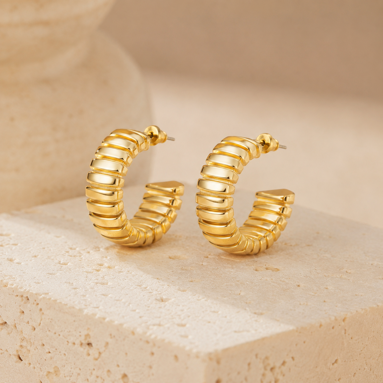 Ribbed Gold Hoop Earrings