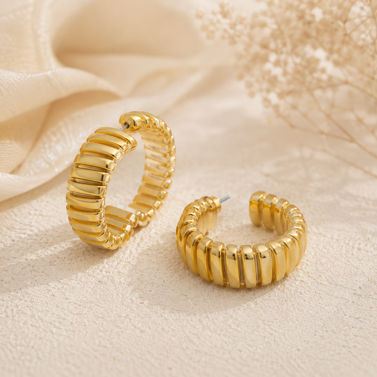 Ribbed Gold Hoop Earrings