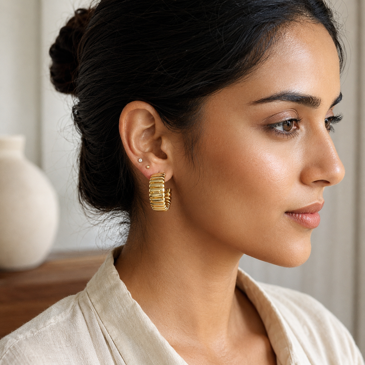 Ribbed Gold Hoop Earrings