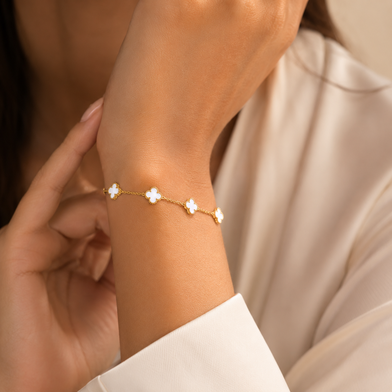 Gold Mother-of-Pearl Clover & Bar Station Bracelet