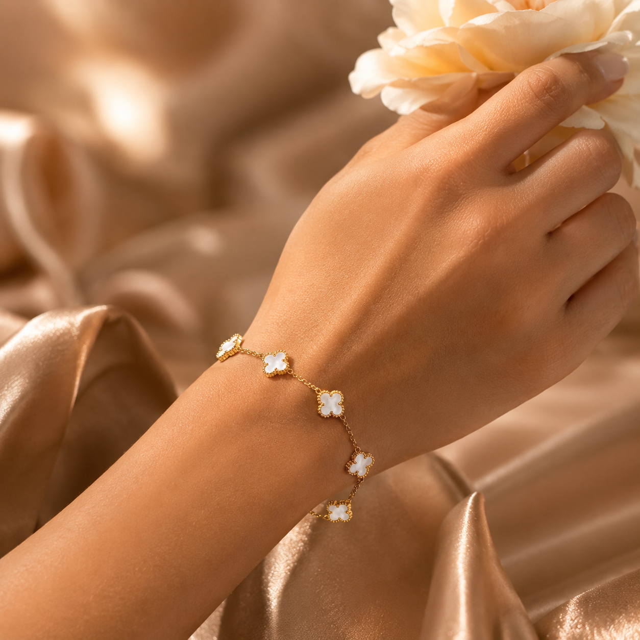 Gold Mother-of-Pearl Clover & Bar Station Bracelet