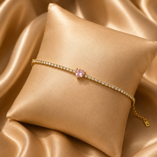 Gold Crystal Tennis Bracelet with Pink Heart Solitaire