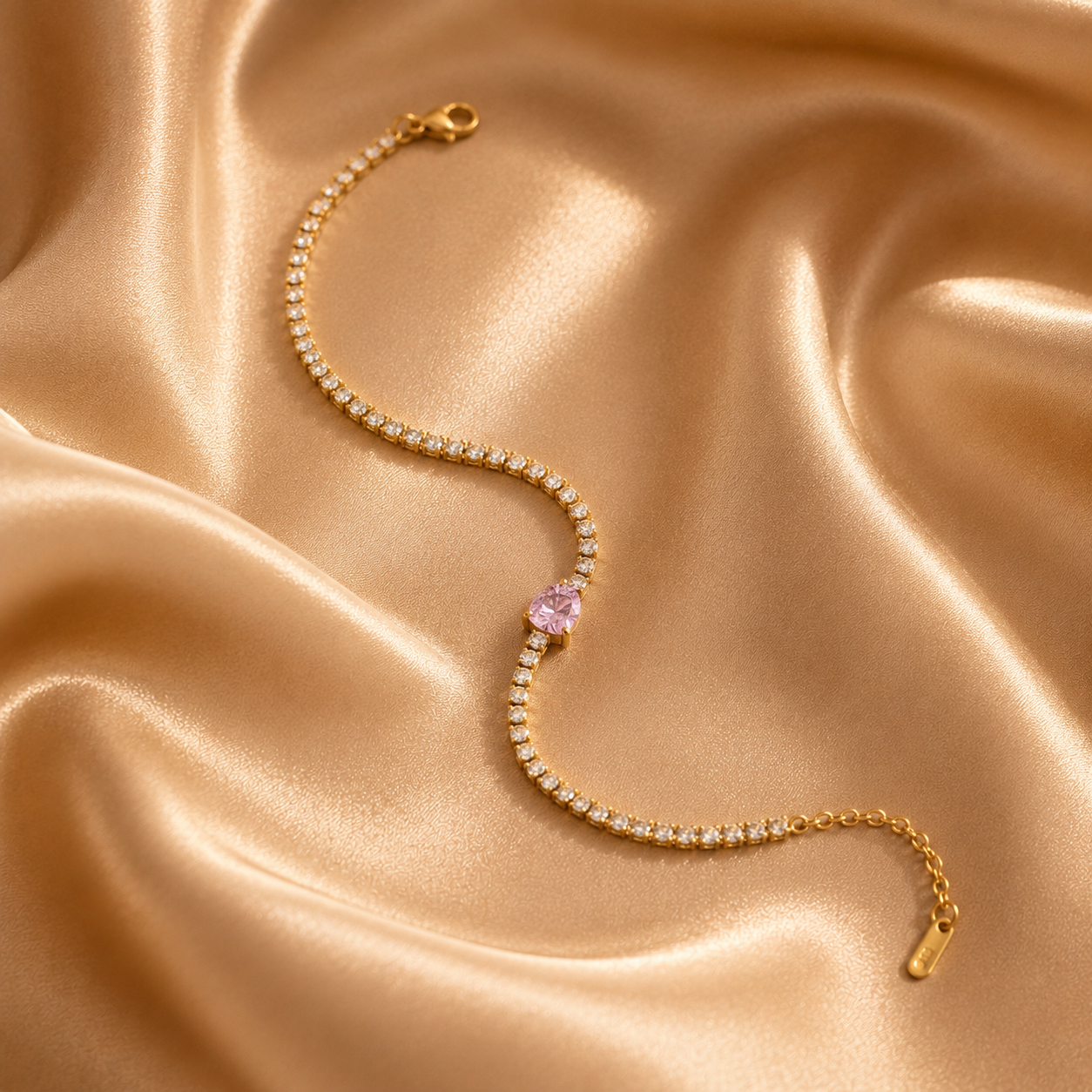 Gold Crystal Tennis Bracelet with Pink Heart Solitaire