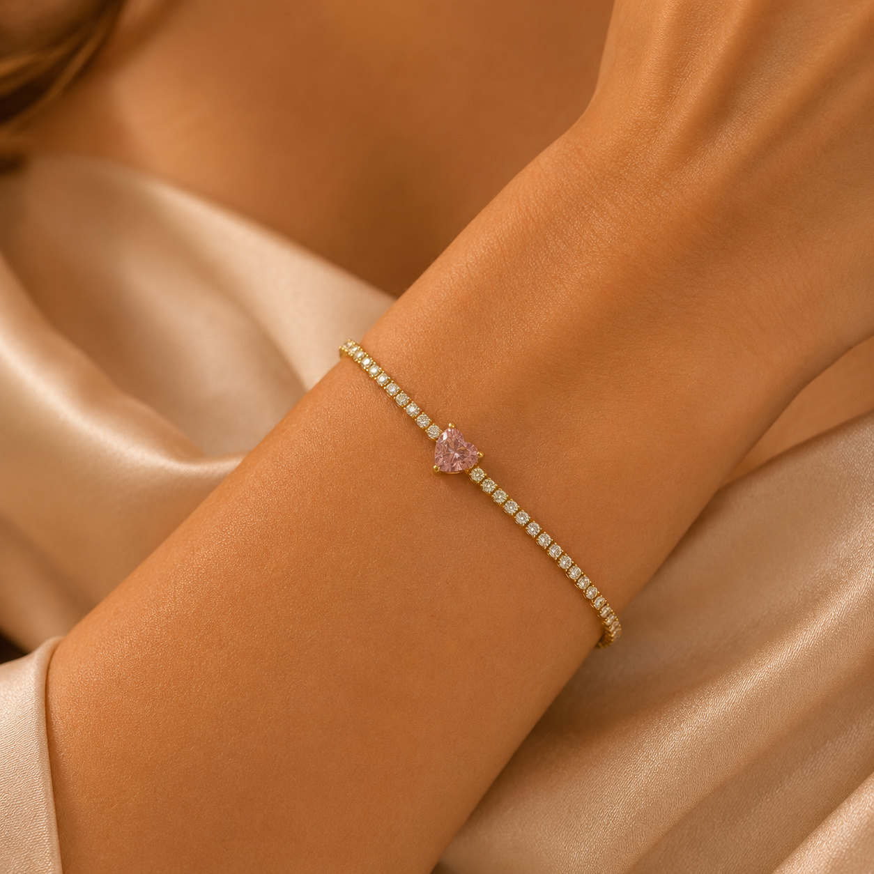 Gold Crystal Tennis Bracelet with Pink Heart Solitaire