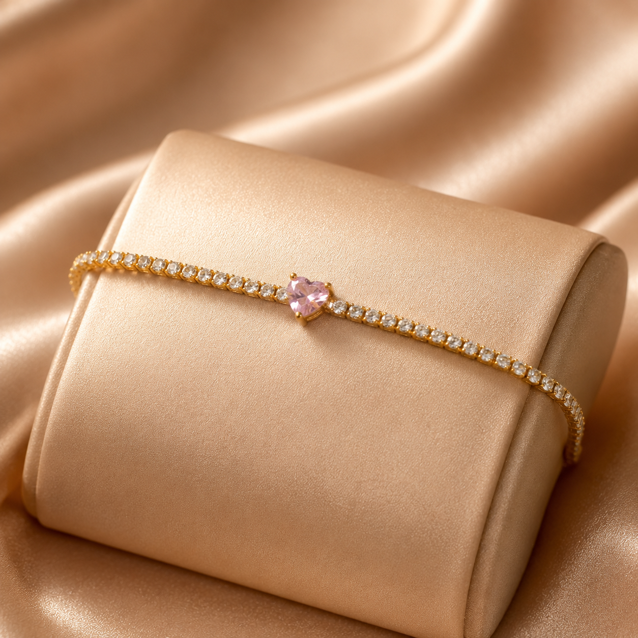 Gold Crystal Tennis Bracelet with Pink Heart Solitaire