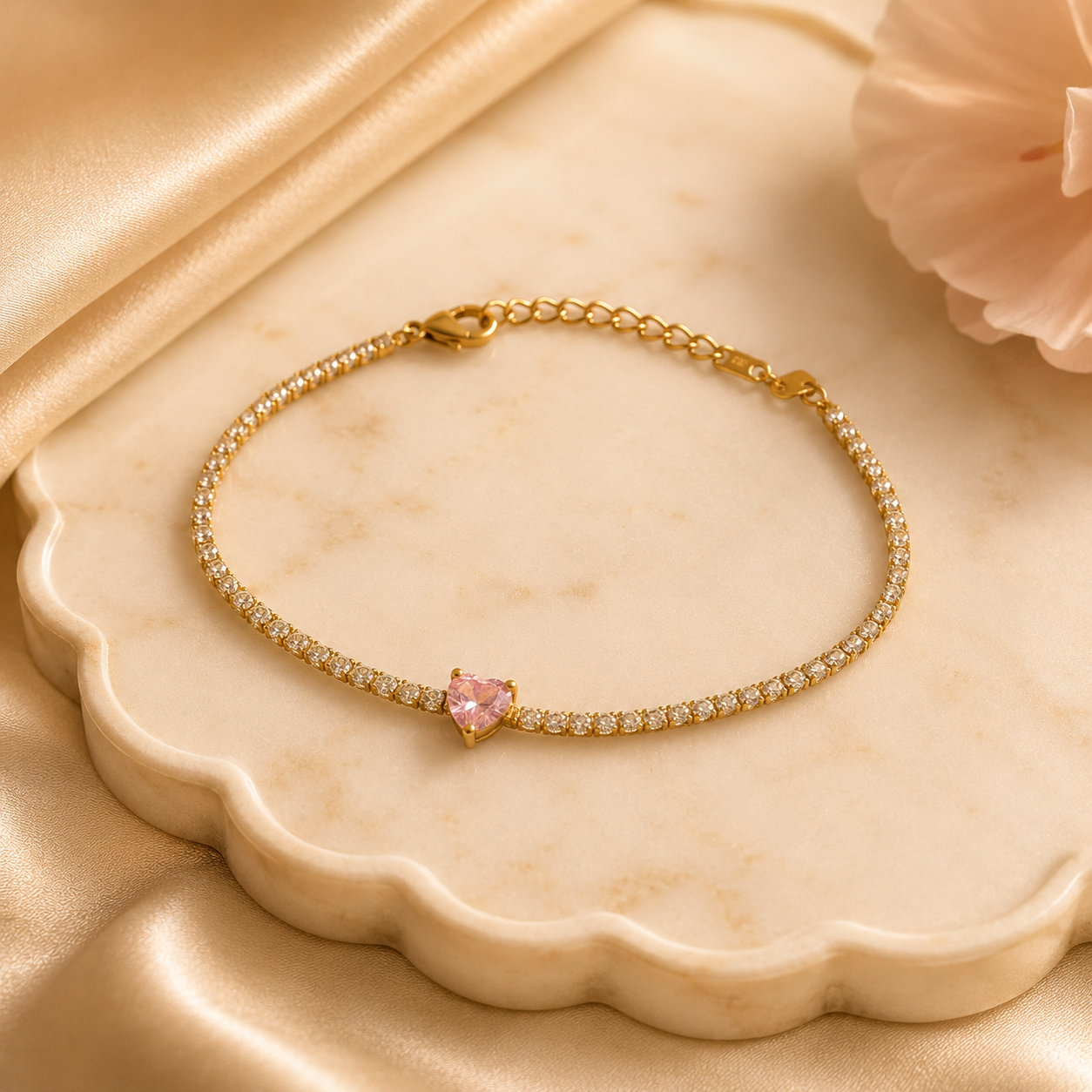 Gold Crystal Tennis Bracelet with Pink Heart Solitaire