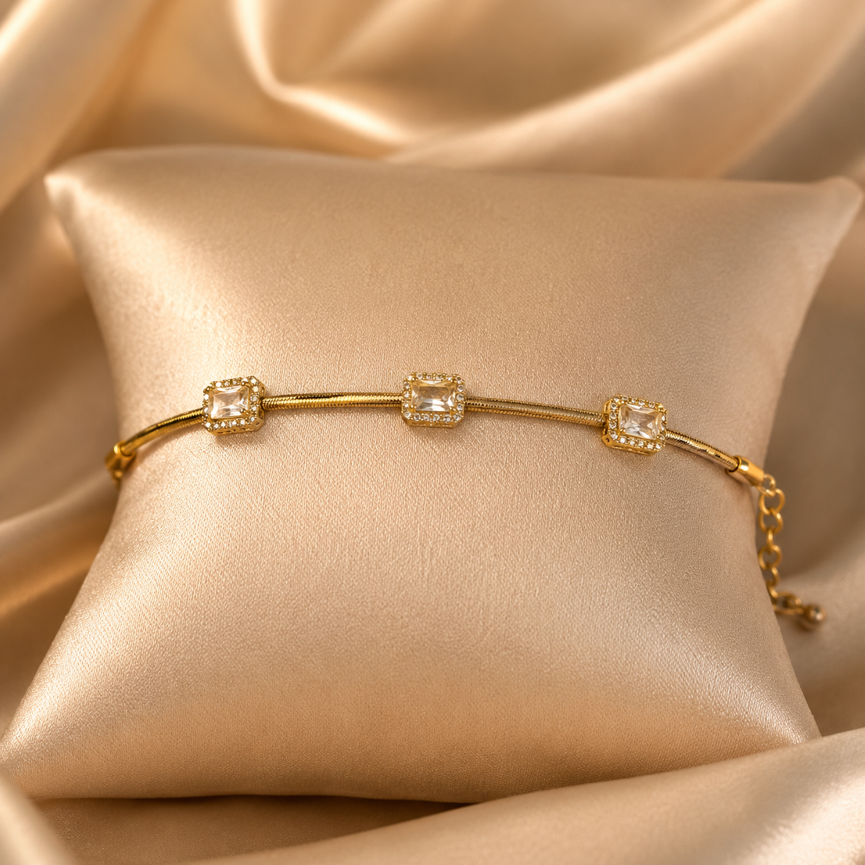 Gold Baguette Crystal Pavé Station Snake Chain Bracelet