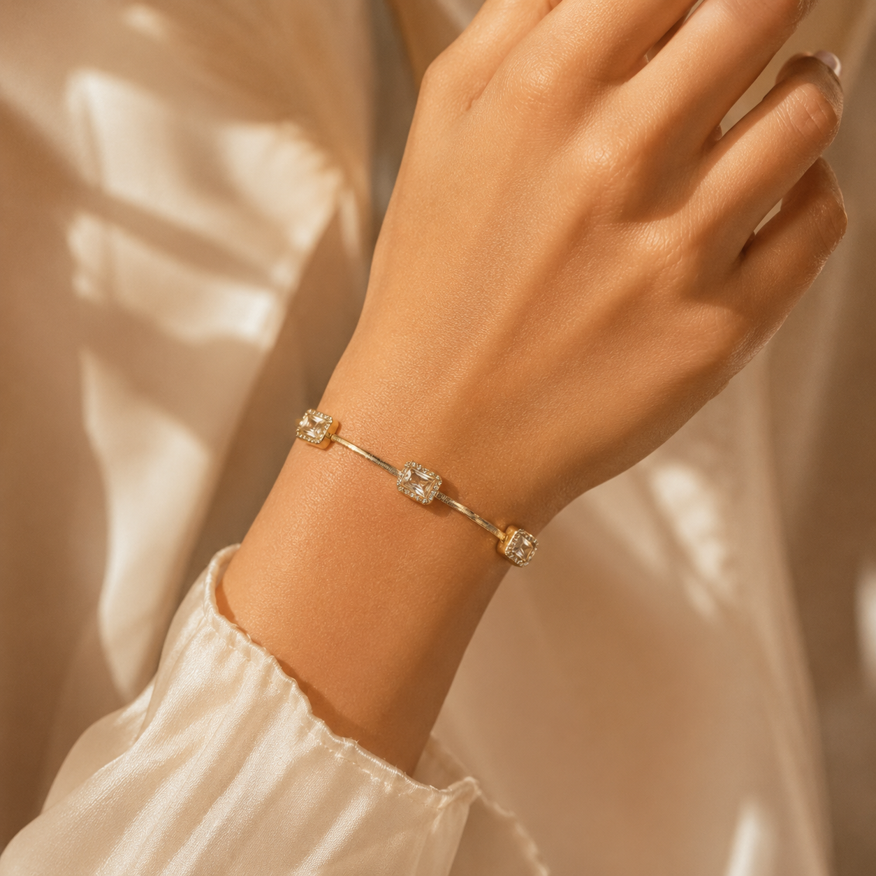Gold Baguette Crystal Pavé Station Snake Chain Bracelet