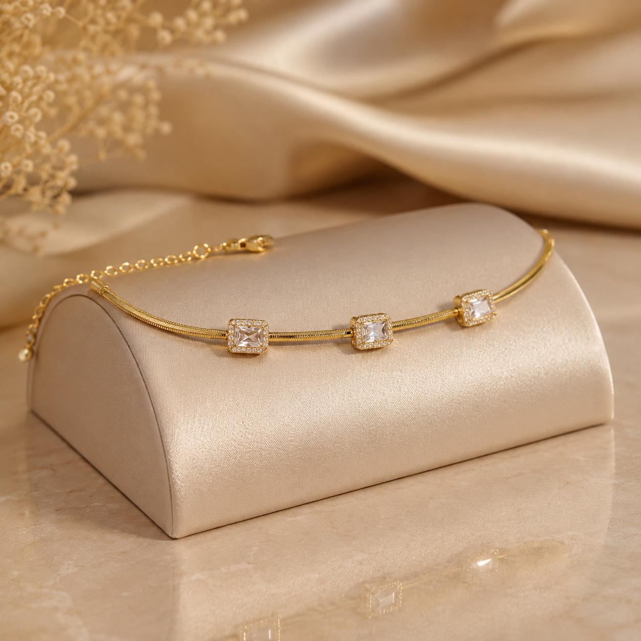 Gold Baguette Crystal Pavé Station Snake Chain Bracelet