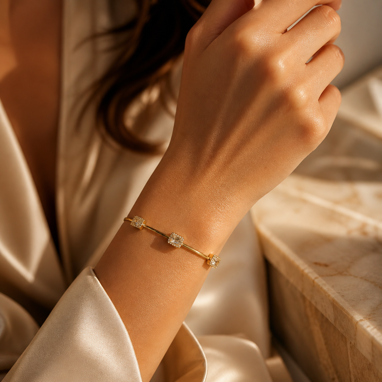 Gold Baguette Crystal Pavé Station Snake Chain Bracelet