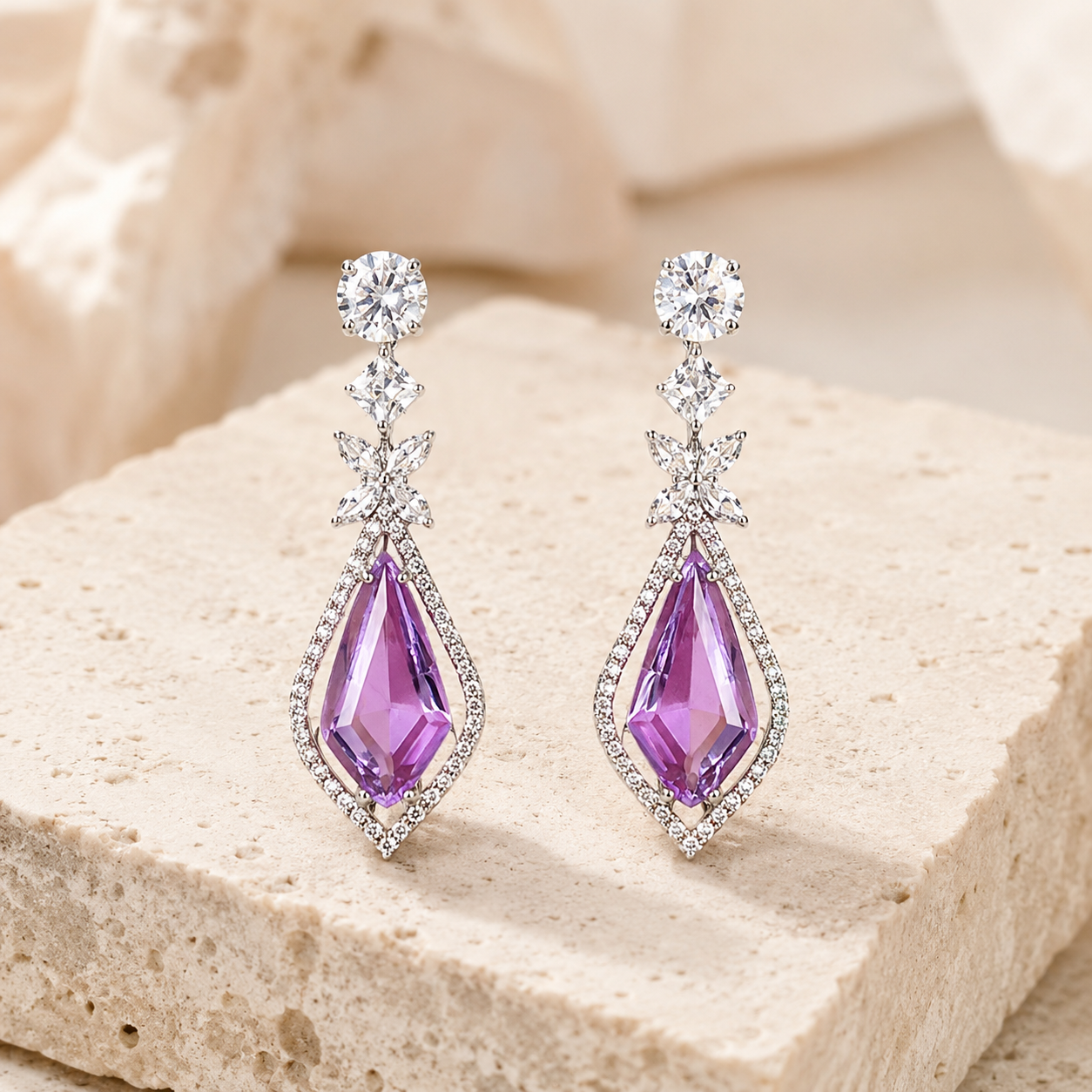 Amethyst Crystal Kite Drop Earrings