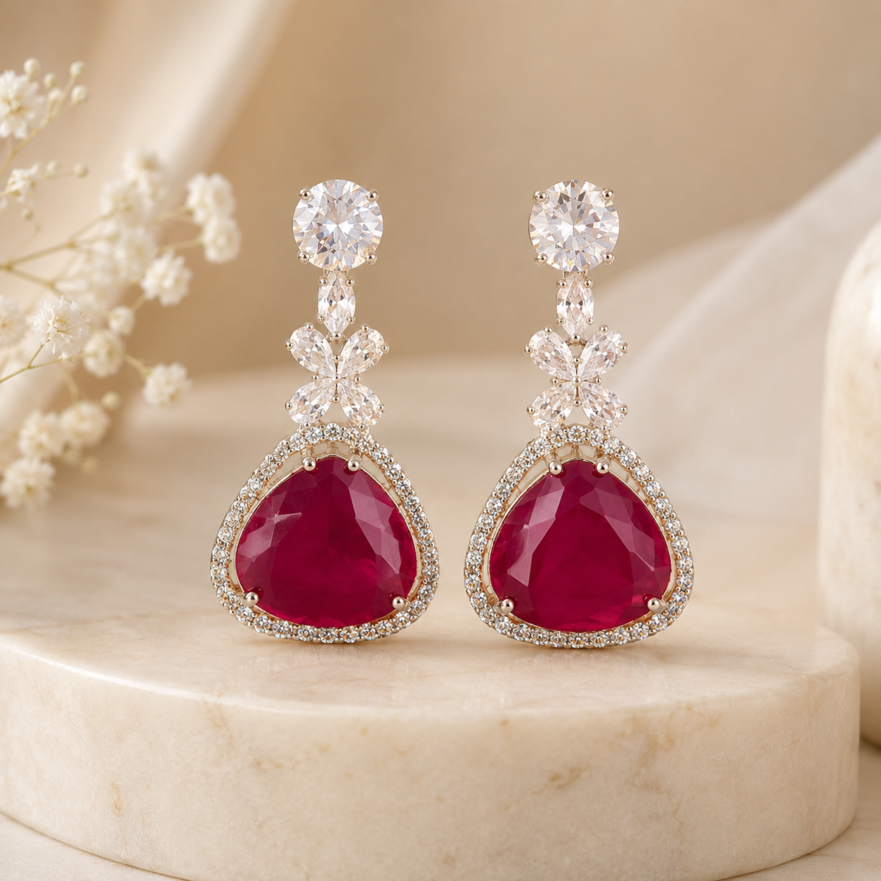 Ruby Crystal Triangle Drop Earrings