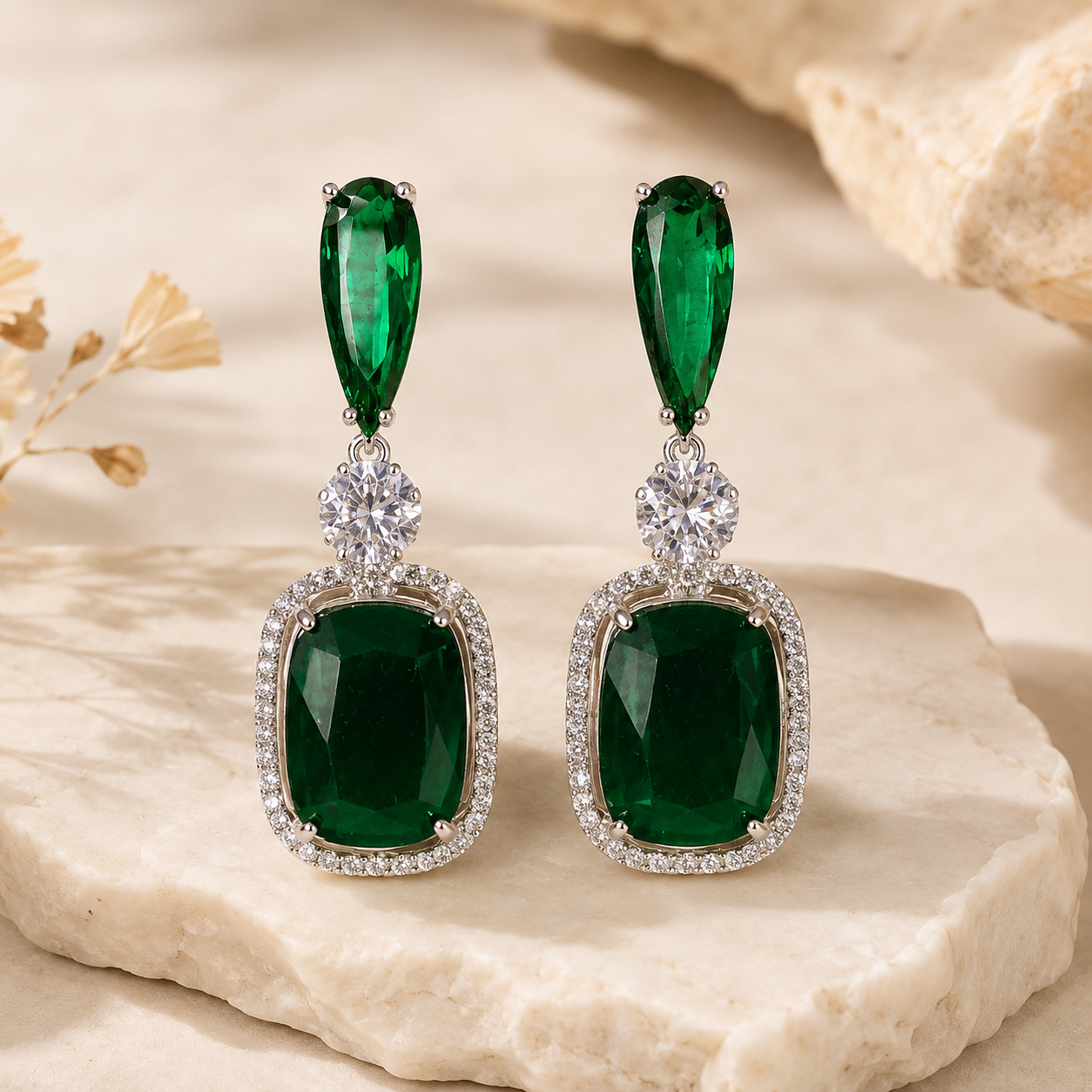 Emerald Crystal Cushion Drop Earrings