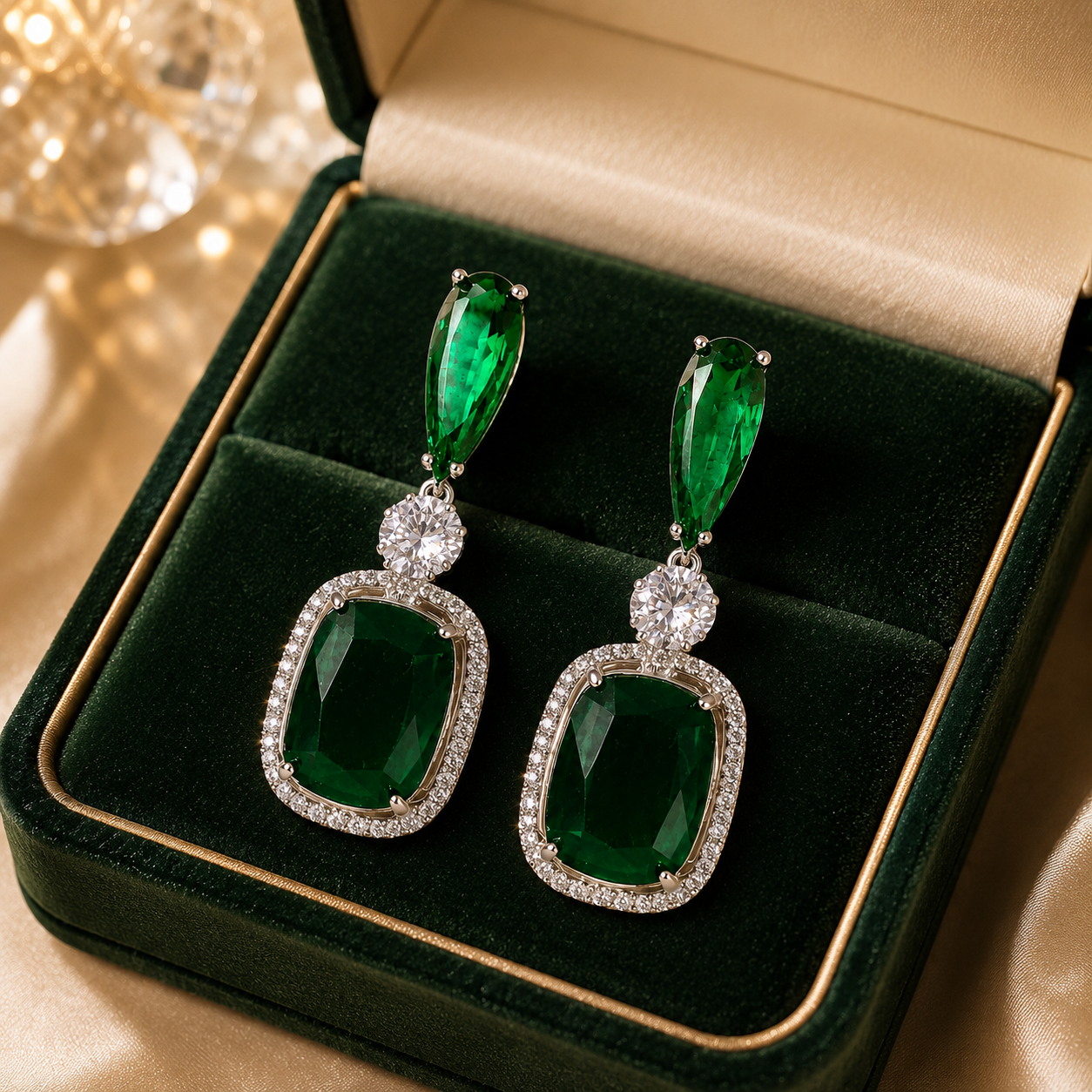 Emerald Crystal Cushion Drop Earrings