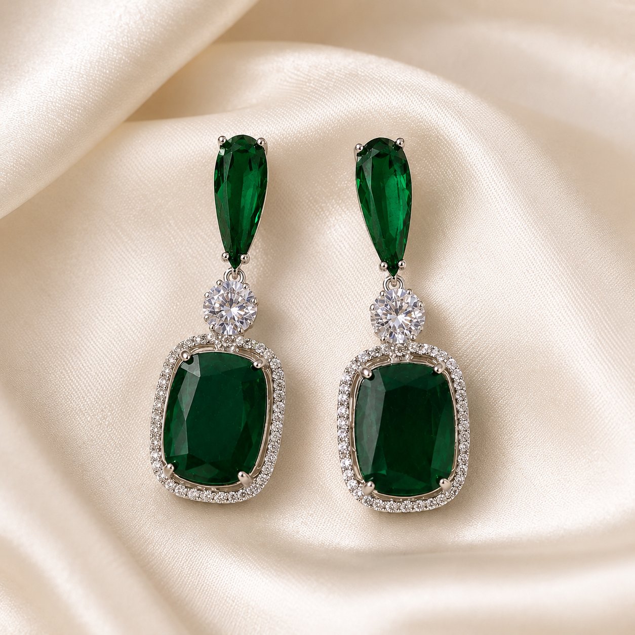 Emerald Crystal Cushion Drop Earrings