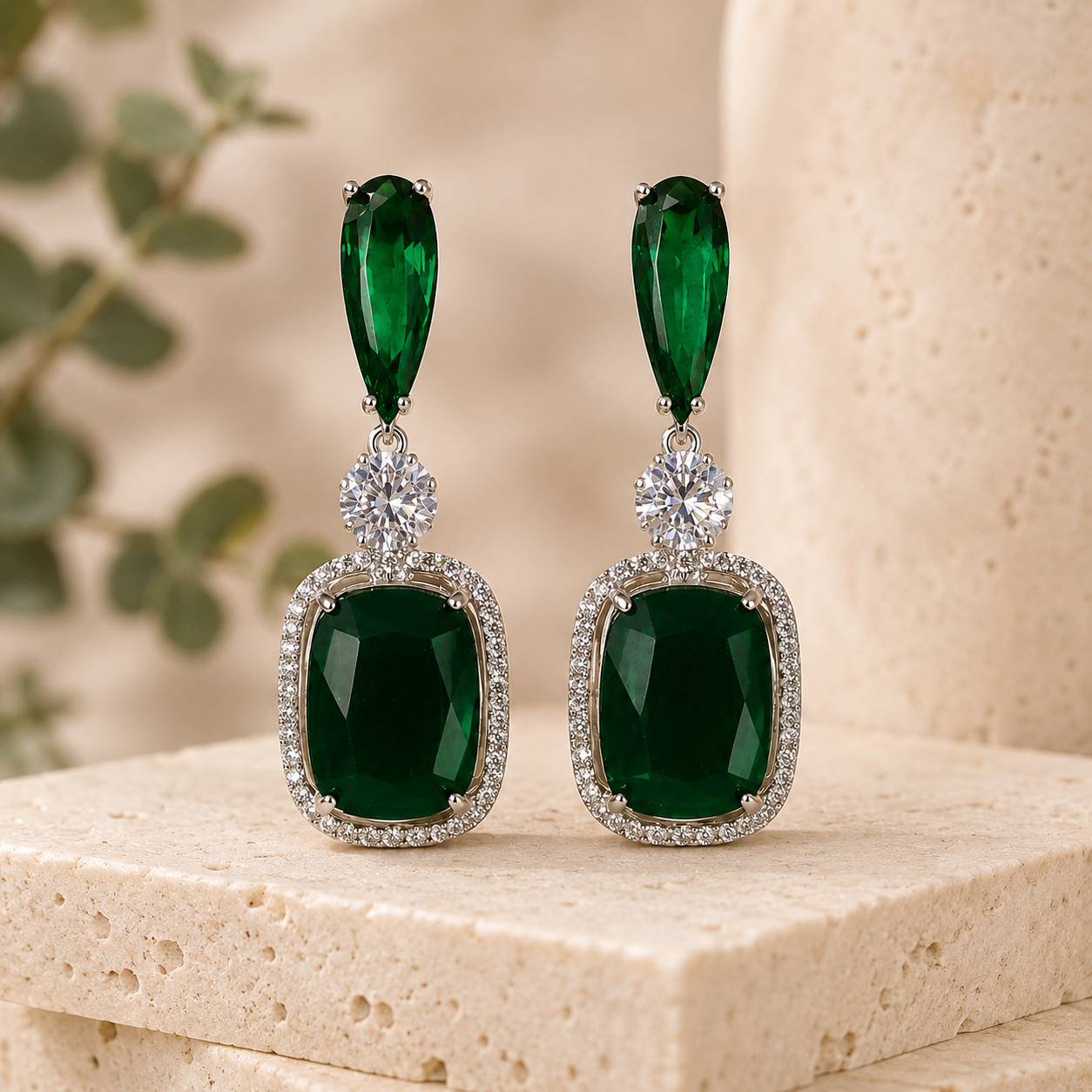 Emerald Crystal Cushion Drop Earrings