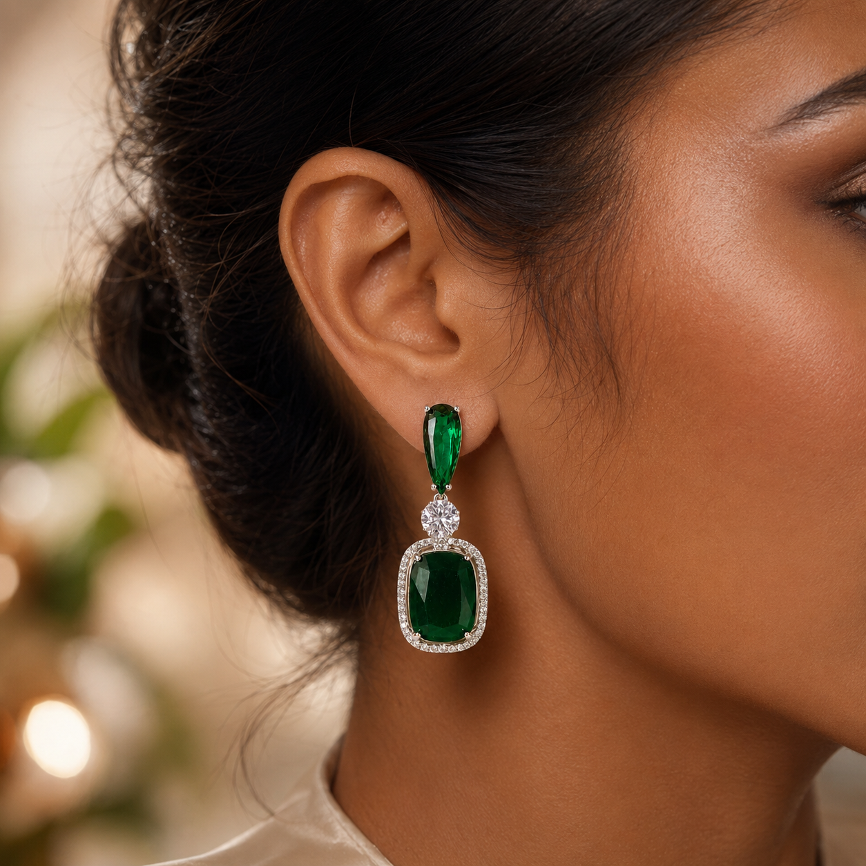 Emerald Crystal Cushion Drop Earrings