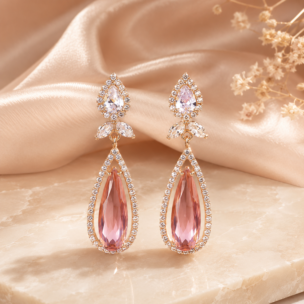 Rose Pink Crystal Teardrop Drop Earrings
