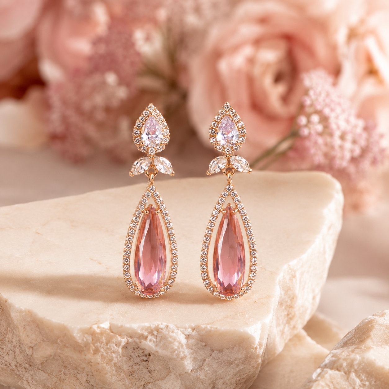 Rose Pink Crystal Teardrop Drop Earrings