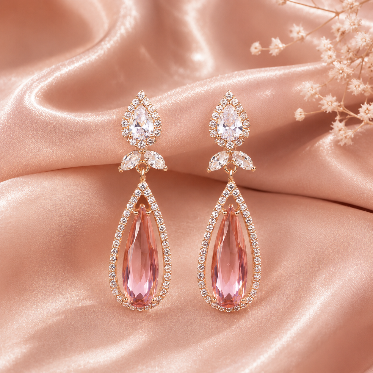 Rose Pink Crystal Teardrop Drop Earrings