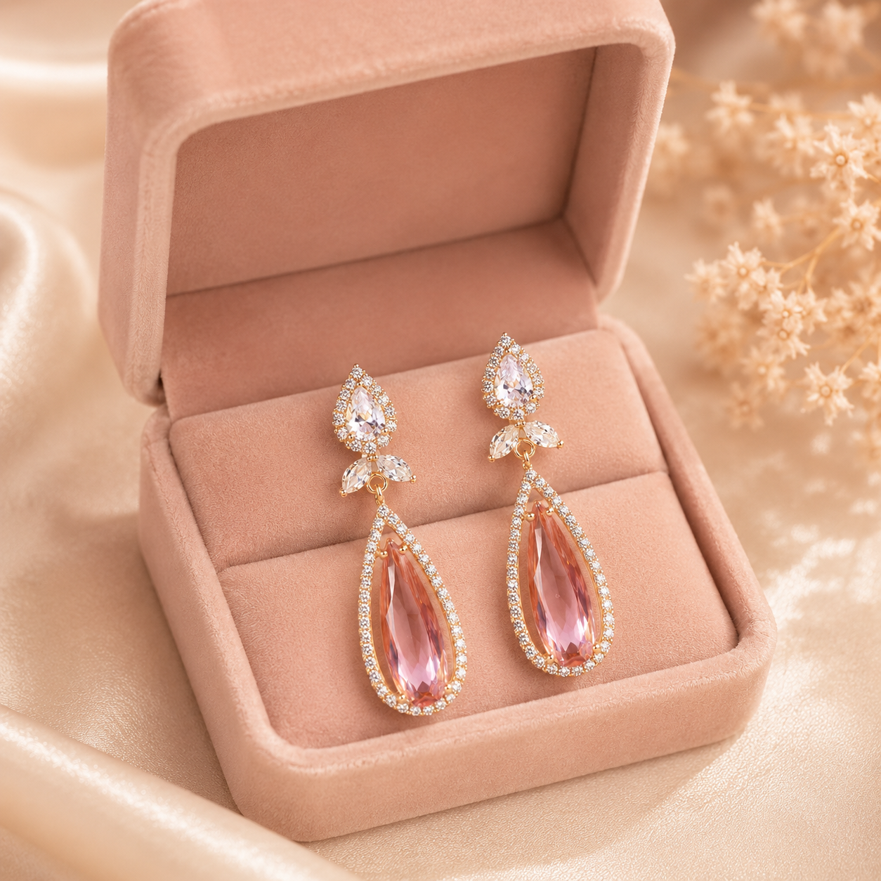 Rose Pink Crystal Teardrop Drop Earrings