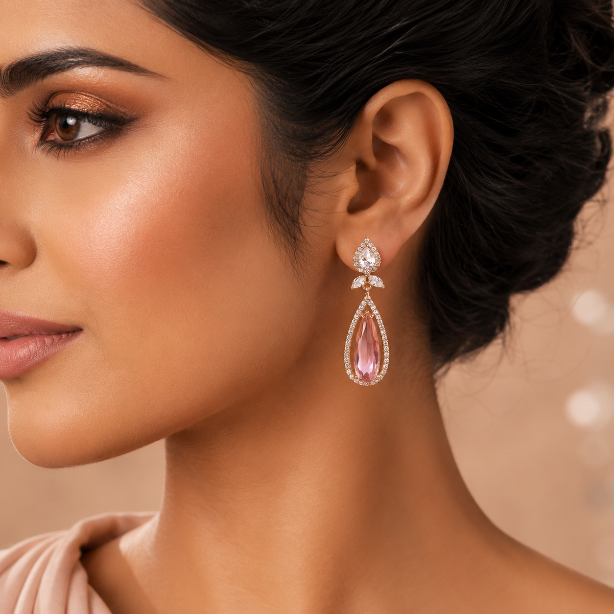 Rose Pink Crystal Teardrop Drop Earrings