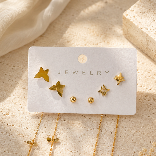 Gold Star & Chain Tassel Earring Set of 3