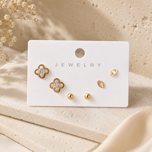 Gold Clover Crystal & Evil Eye Stud Earring Set of 3
