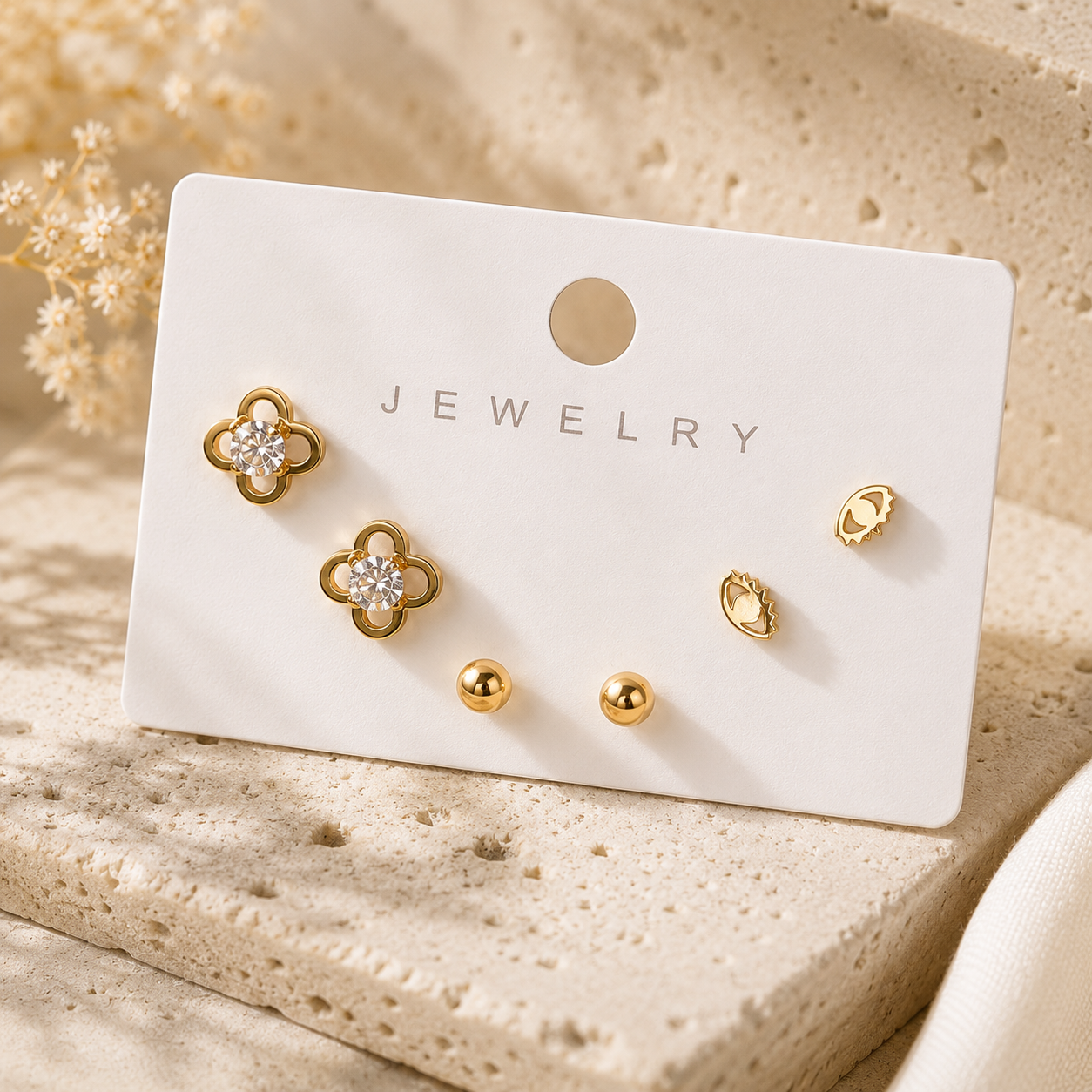 Gold Clover Crystal & Evil Eye Stud Earring Set of 3