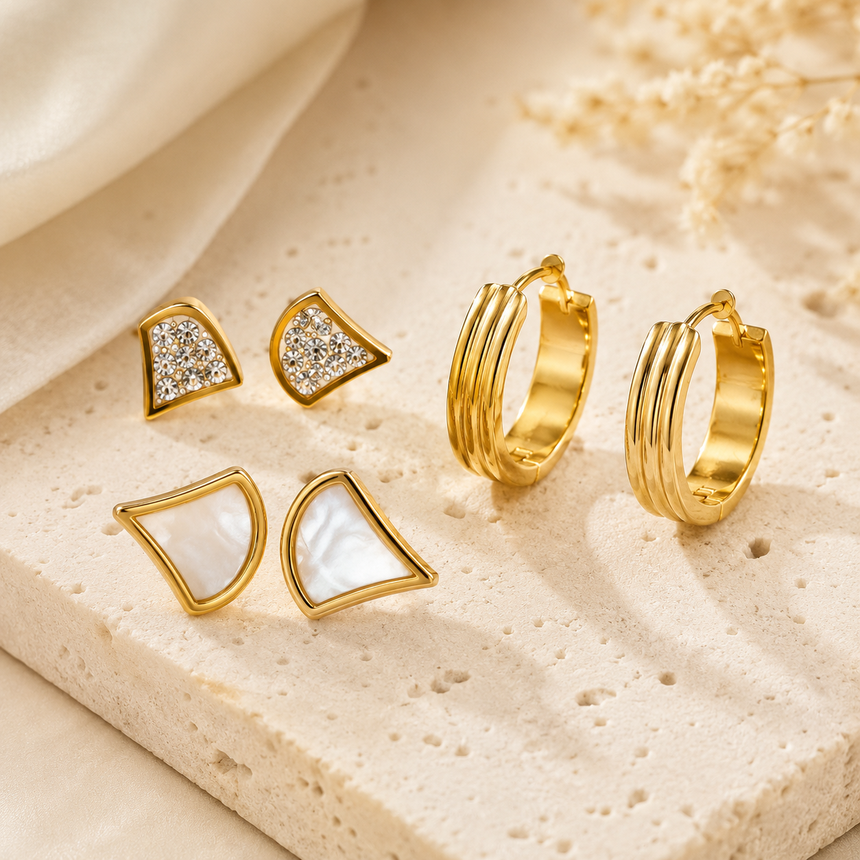 Gold Geometric Stainless Steel Earring Set of 3