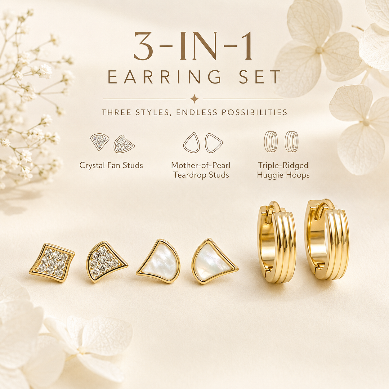 Gold Geometric Stainless Steel Earring Set of 3