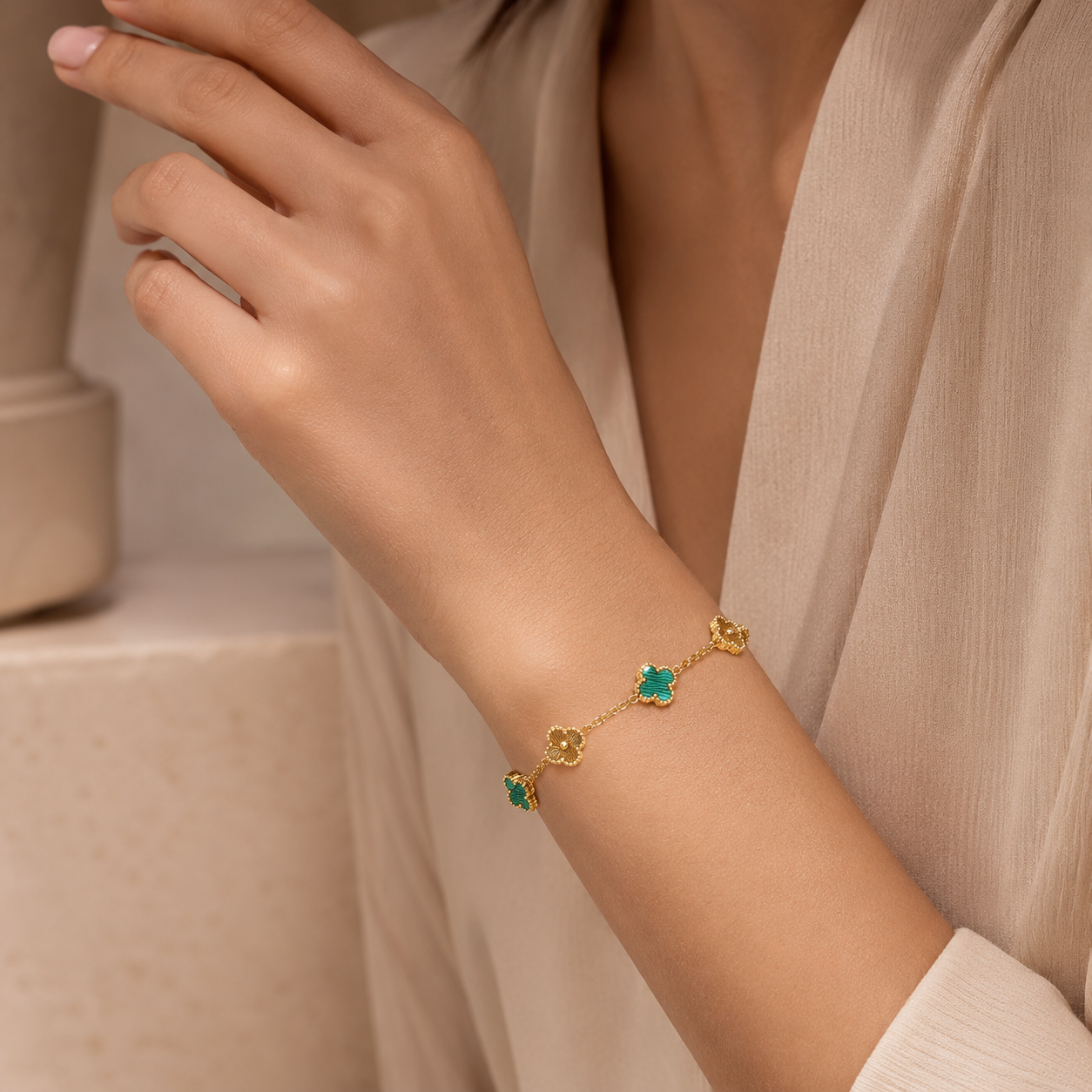 Gold & Malachite Clover Station Chain Bracelet