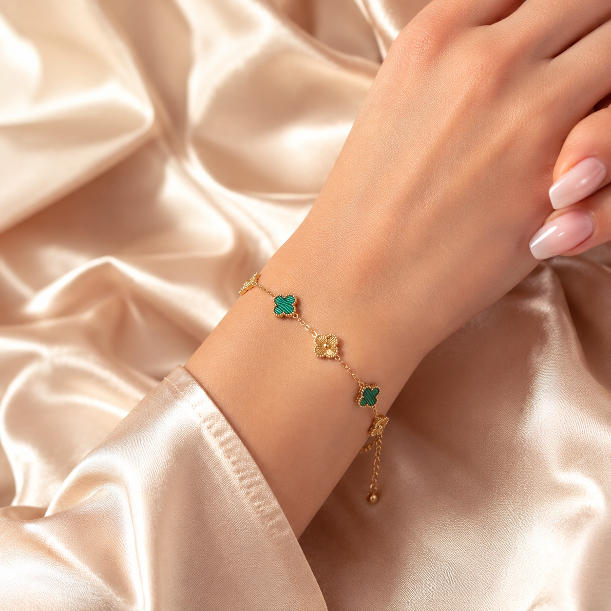 Gold & Malachite Clover Station Chain Bracelet