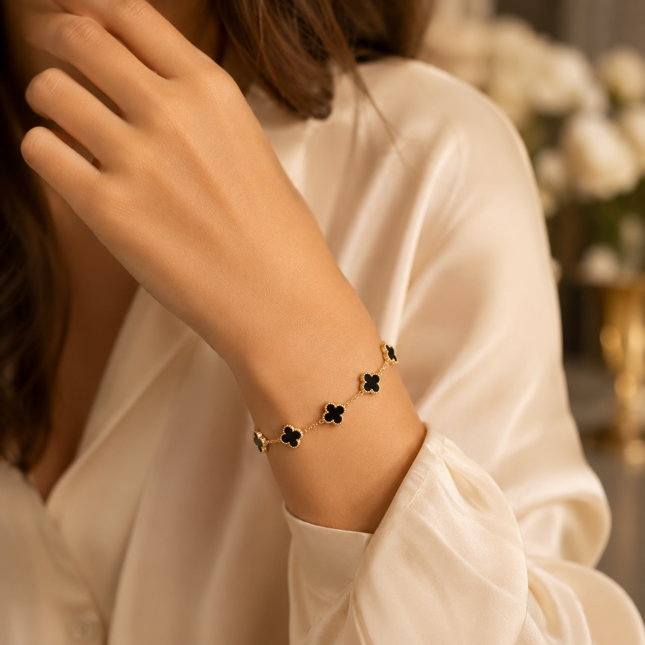 Gold & Black Onyx Clover Station Chain Bracelet