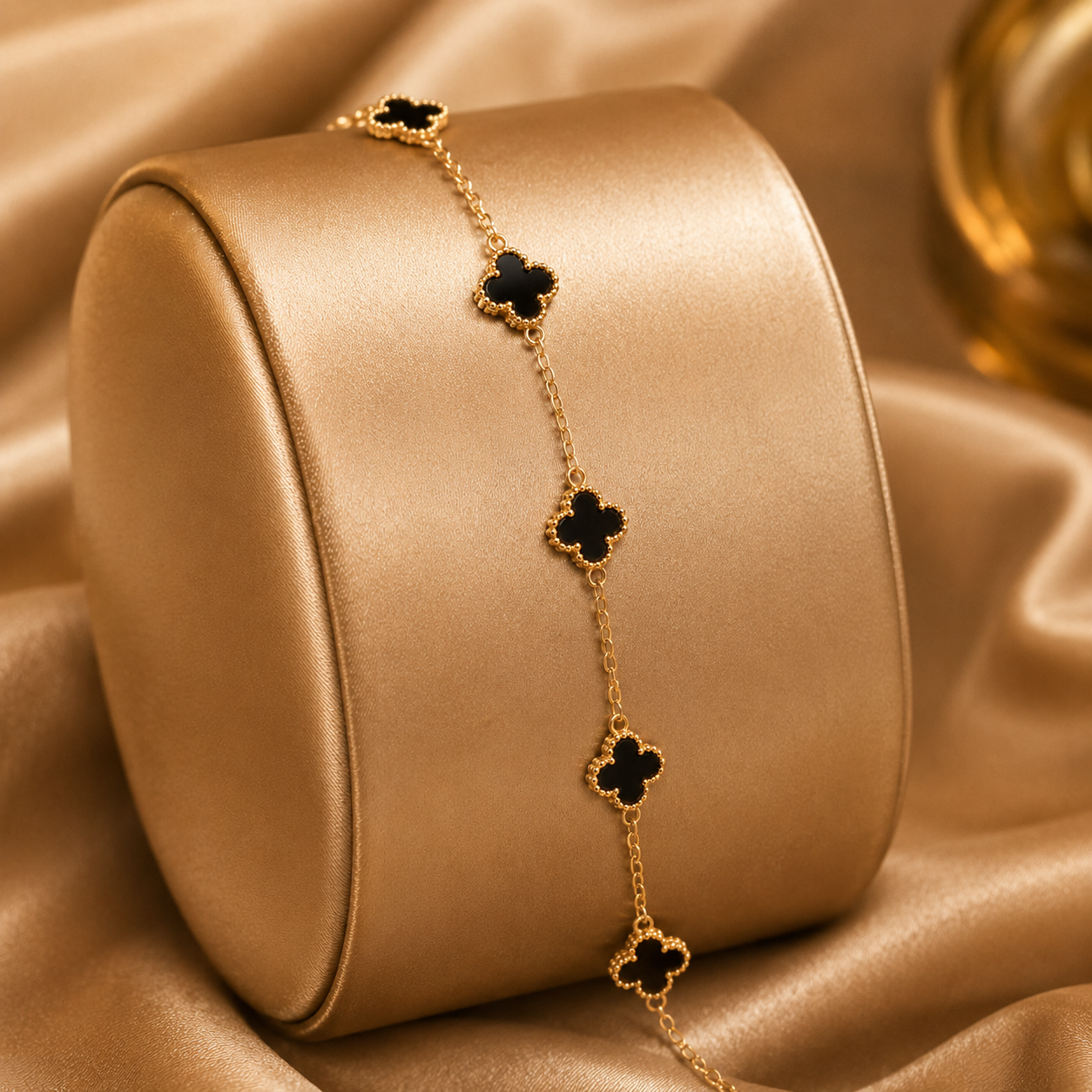 Gold & Black Onyx Clover Station Chain Bracelet