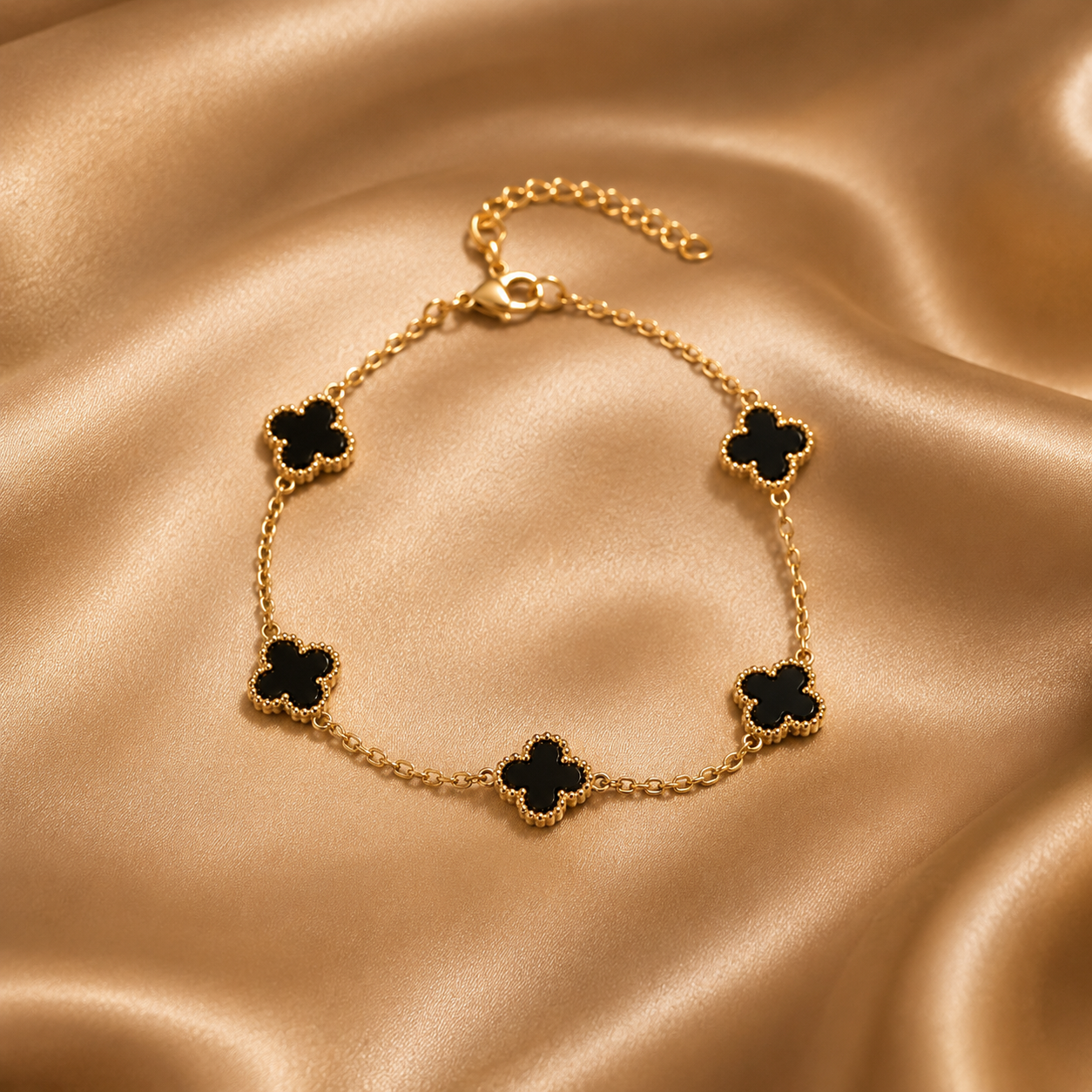 Gold & Black Onyx Clover Station Chain Bracelet