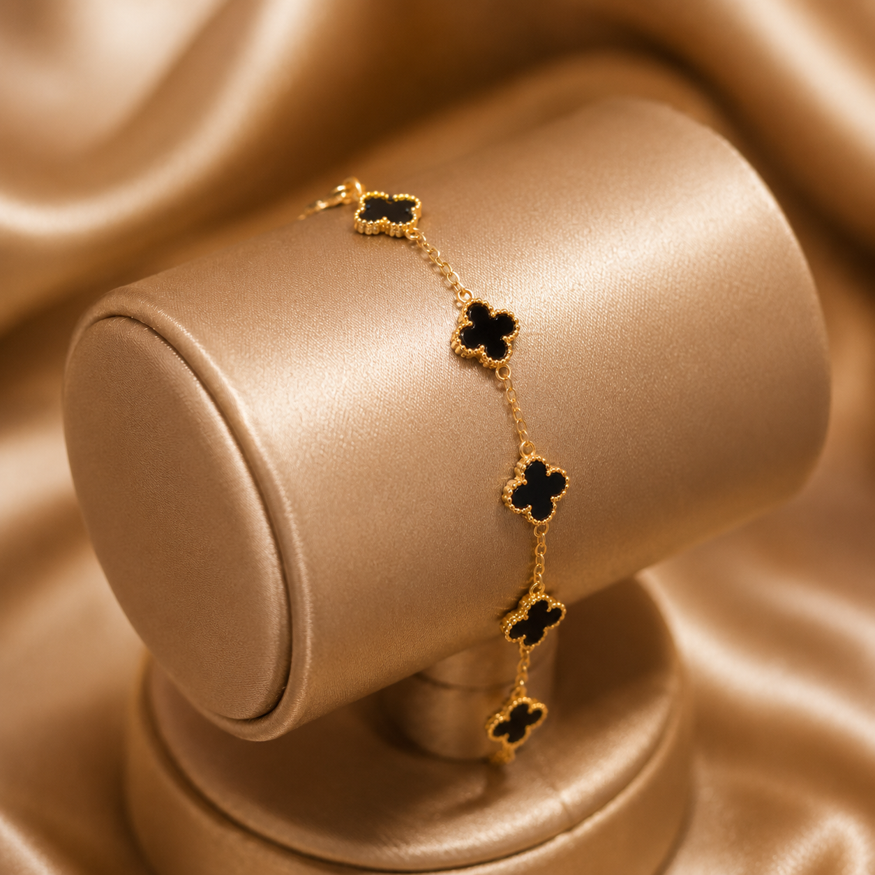 Gold & Black Onyx Clover Station Chain Bracelet