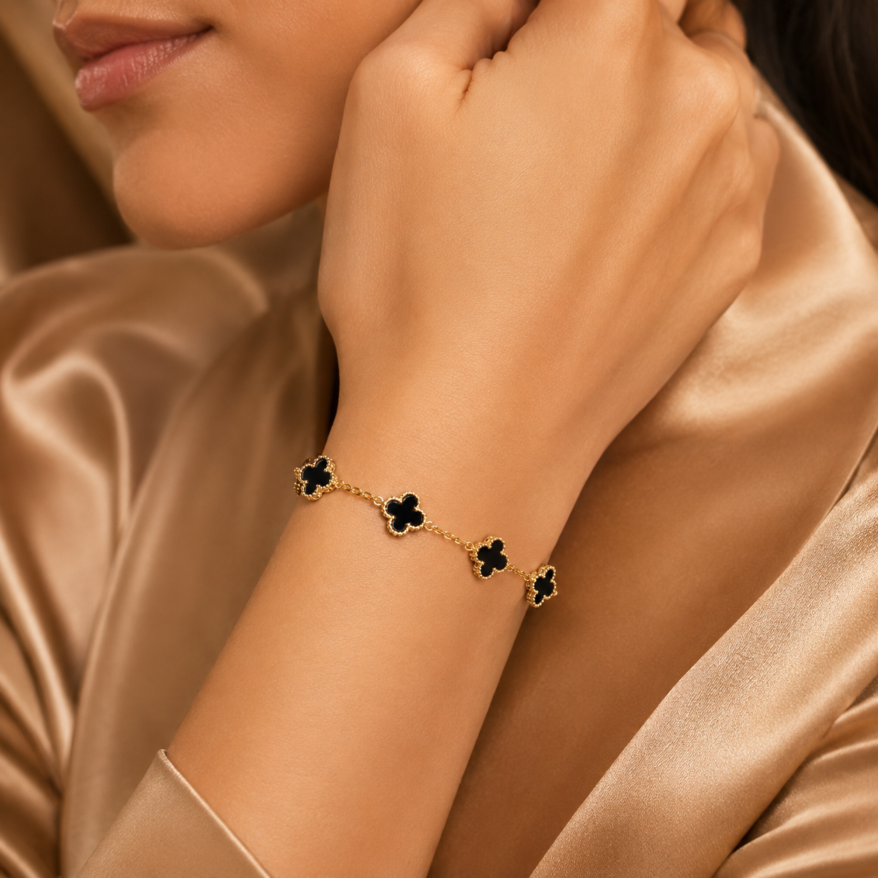 Gold & Black Onyx Clover Station Chain Bracelet