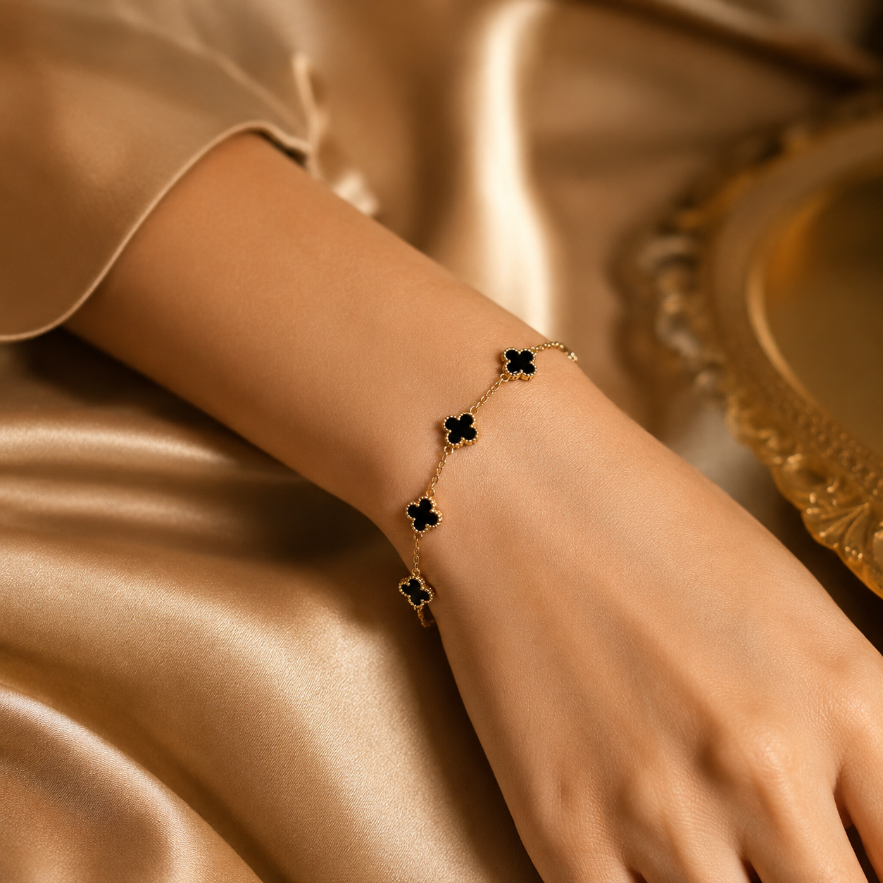 Gold & Black Onyx Clover Station Chain Bracelet