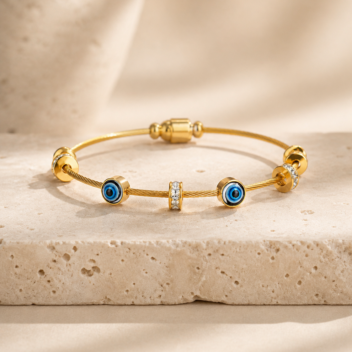 Evil Eye Crystal Charm Gold Wire Bangle Bracelet