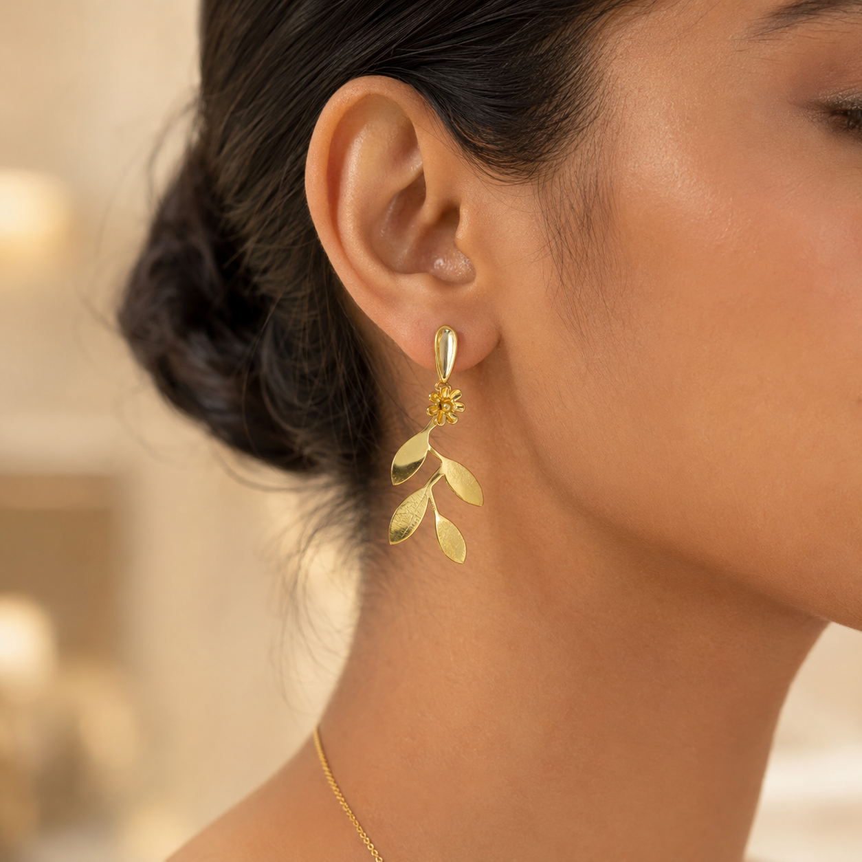 Gold Botanical Leaf & Flower Drop Earrings