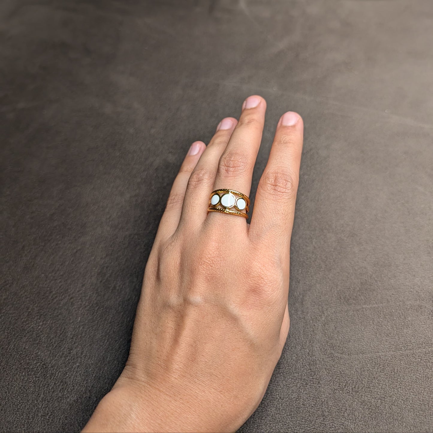 Gold Triple White Stone Wide Band Ring
